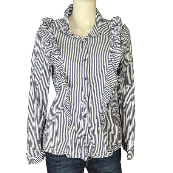 Socialite Nordstrom Blue White Striped Cotton Ruffle Button-Down Size Large - Picture 2 of 6